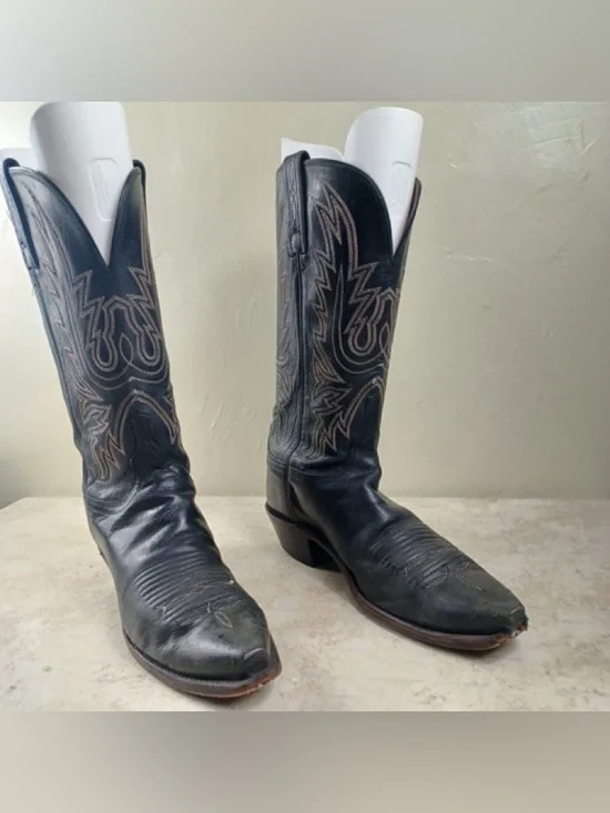 Vintage Dan Post Ostrich Leather Black Cowboy Boots, Size Men's 8.1/2 Pull-On - Picture 12 of 16